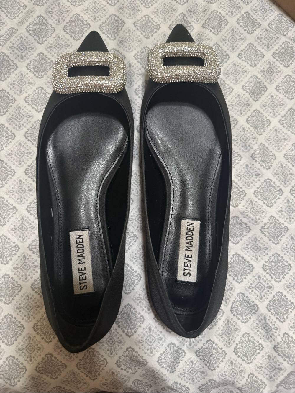 Steve Madden Black Pointed Flats with Rhinestone Buckle